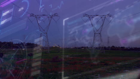 power lines over green field with digital data processing animation overlay