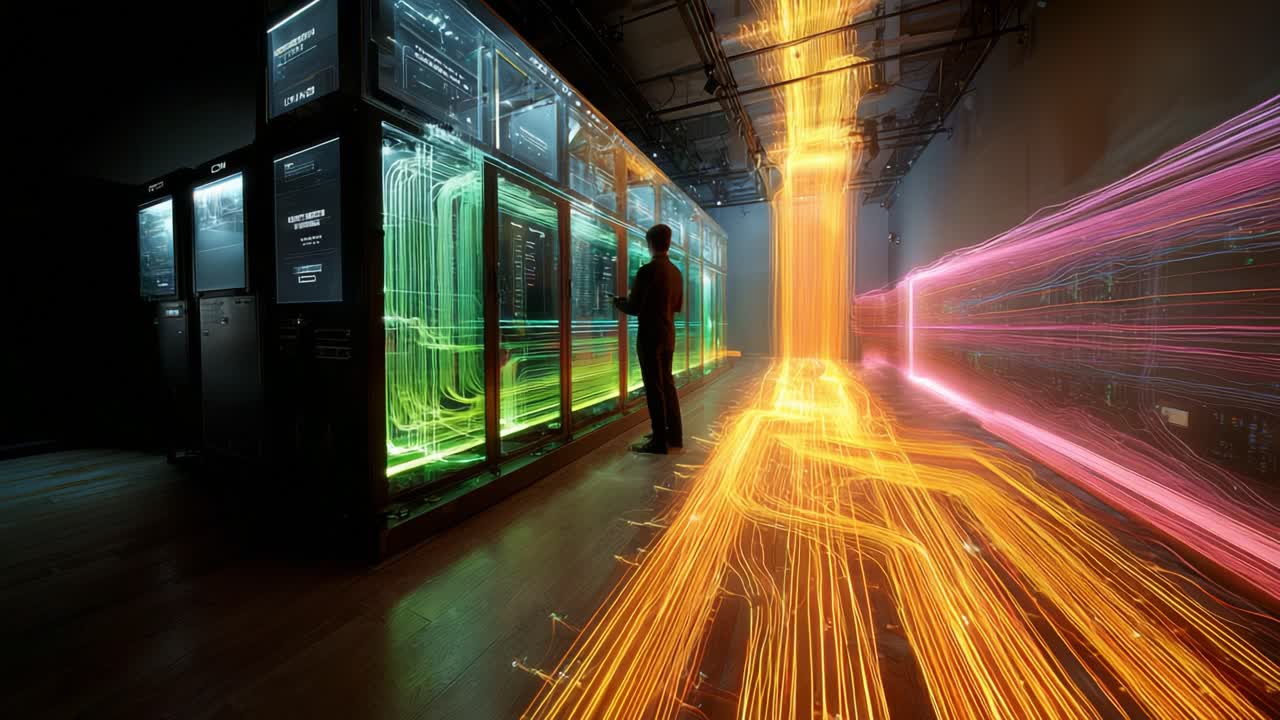 A Captivating Display of Data Flow: A Visual Journey Through Server Racks and Vibrant Light Trails Representing Digital Connections and Information Movement in a High-Tech Environment