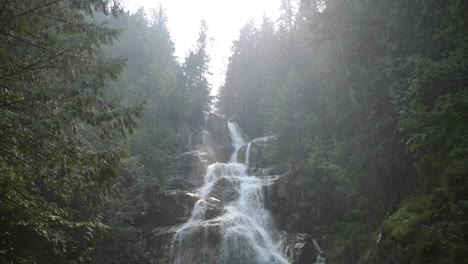 Wide-Shot-of-a-Mountain-Waterfall-Nestled-Between-Trees-in-4K