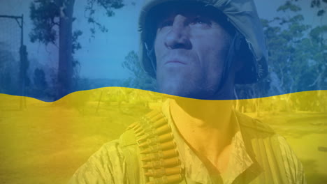animación de un soldado caucásico con un arma sobre la bandera de ucrania