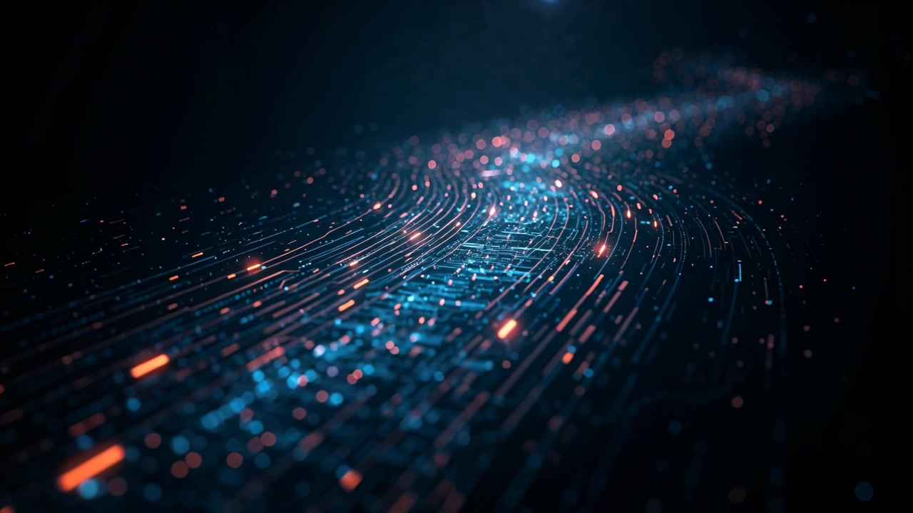 Tracking curved parallel ribbon flowing through dark void, showing blue nodes and orange streaks