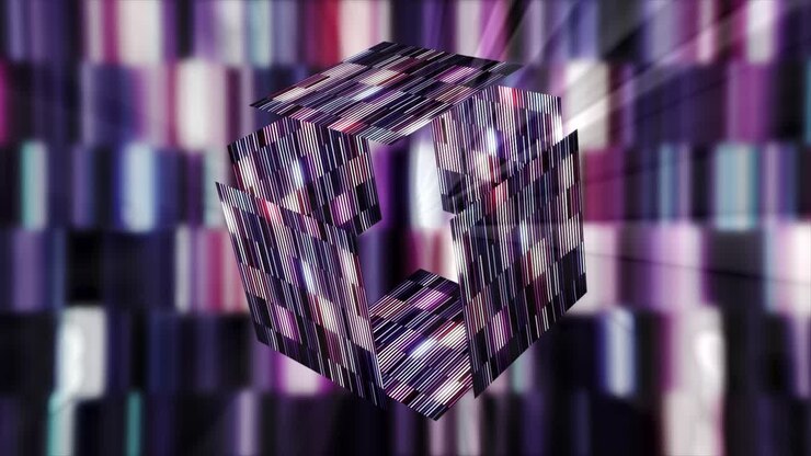 Abstrakt 3D-kube med glødende linjer og farverige mønstre