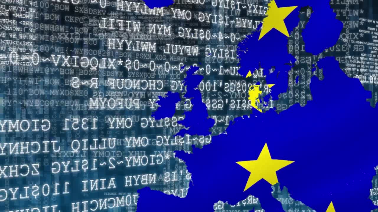 백그라운드에서 eu 지도에 대한 데이터 처리의 디지털 복합 비디오