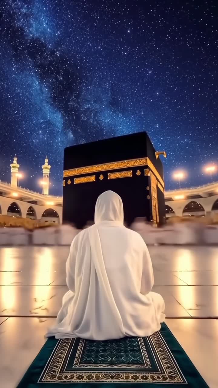 Persona musulmana orando en la Kaaba bajo un cielo nocturno estrellado.