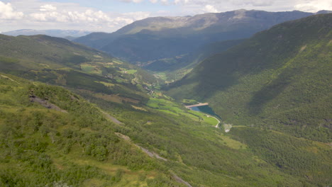 beautiful fresh green mountain forest of vikafjell, norway -aerial