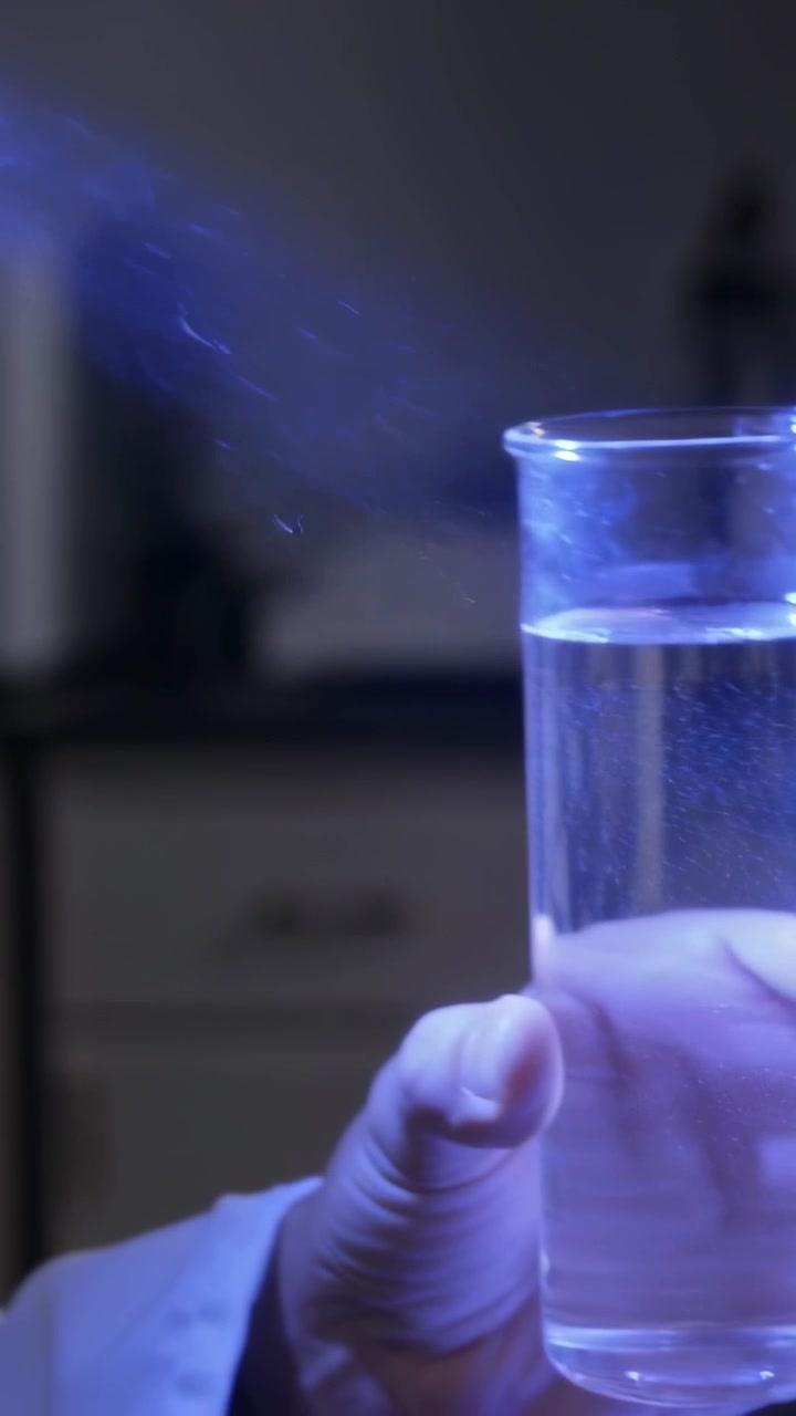 Video verticale: Tecnico di laboratorio con occhiali protettivi che mira e attiva una luce blu sul banco, controllando un becher, spazio per il testo.