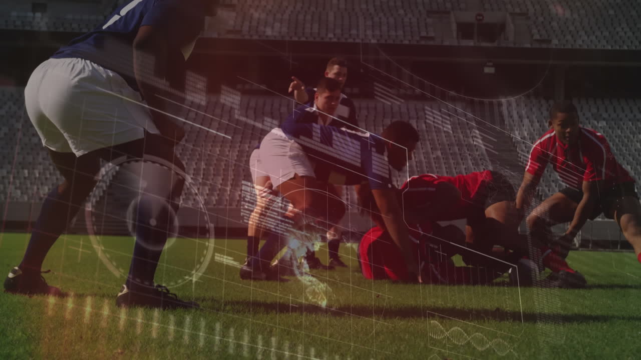 animación del procesamiento de datos durante un partido de rugby en un estadio deportivo