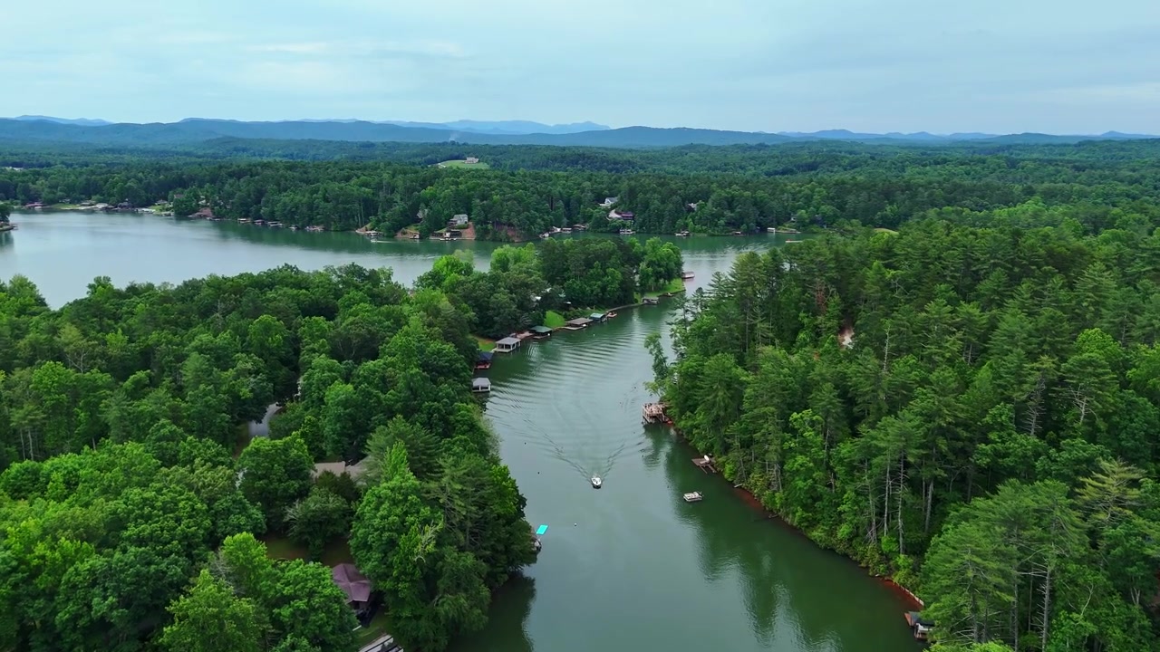 Widok z drona 4K bujnego zielonego wybrzeża i spokojnych wód Jeziora Cherokee w Południowej Karolinie, Stany Zjednoczone Ameryki, w pochmurny dzień