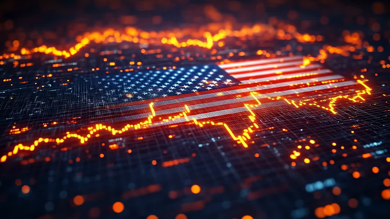 Data visual with U.S. flag. Digital design featuring the American flag surrounded by vibrant data patterns, symbolizing technology and innovation