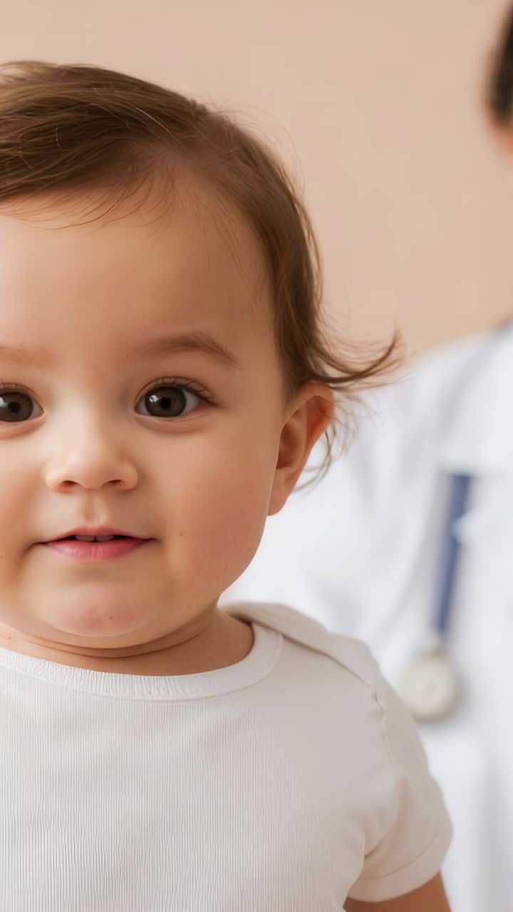Video verticale: neonato sorridente in tutina che si muove in una clinica mentre un medico in camice da laboratorio e stetoscopio si avvicina per visitarlo