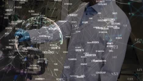 animation of network of connections with business texts over caucasian male scientist in lab