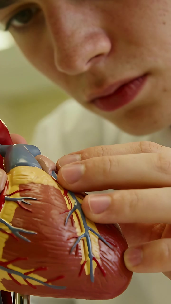 Video verticale: Modello di cuore in vista, studente di laboratorio che studia manualmente le arterie coronarie per imparare l'anatomia.