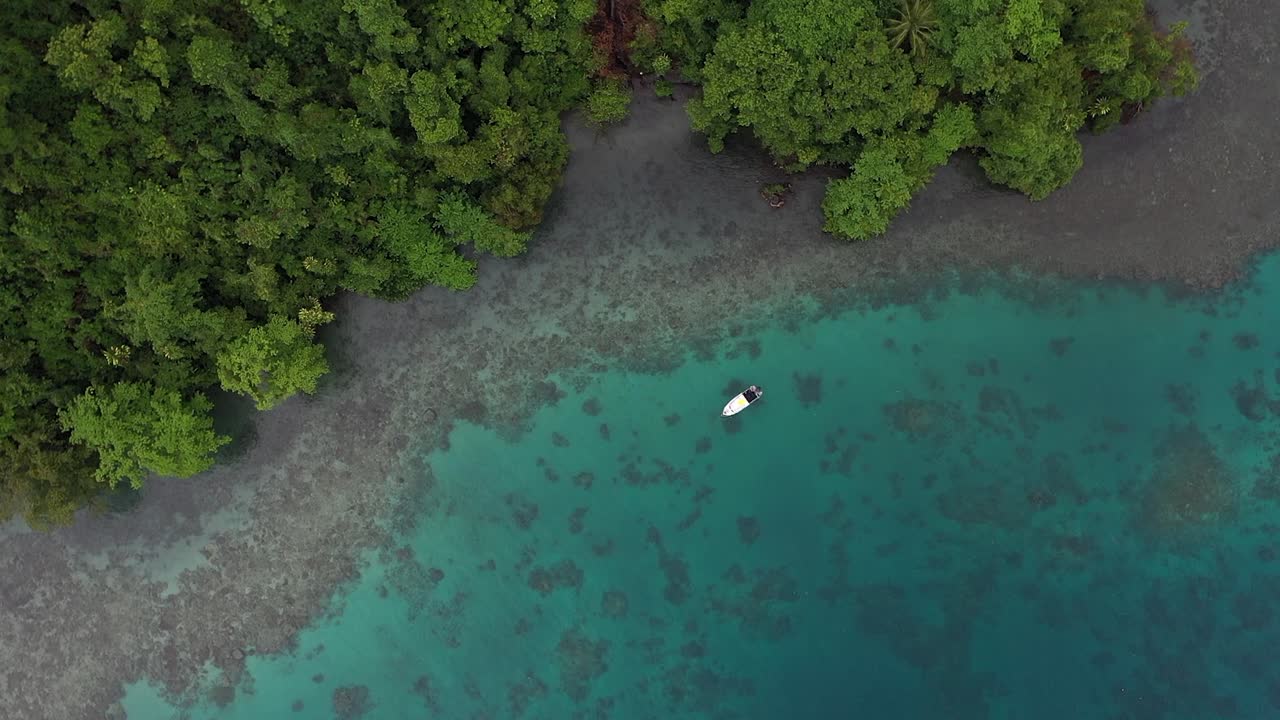 회색 바위, 울창한 초록색 나무, 그리고 그 아래에 다채로운 산호초가 있는 작은 섬의 해안 에 정박한 작은 색 보트의 회전 드론