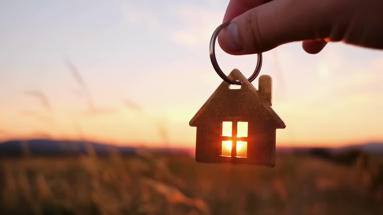 Video ravvicinato di una mano che tiene un portachiavi a forma di casa al tramonto, con una ripresa dal basso