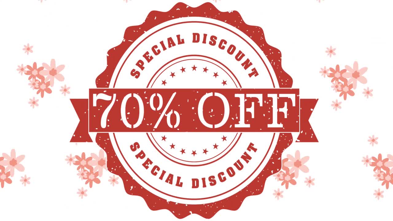 animación del 70 por ciento de descuento especial texto sobre el banner y flores en el fondo