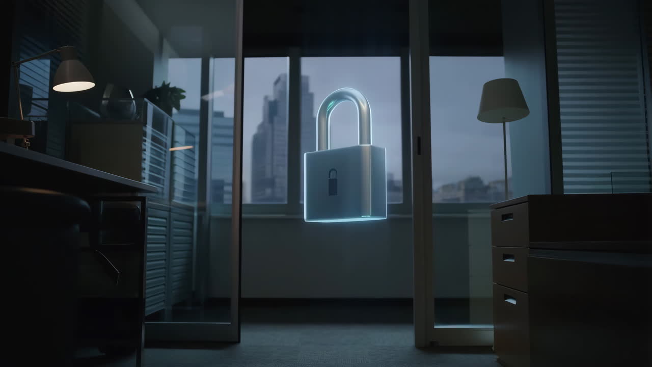 Digital Security Padlock Floating in an Office Environment