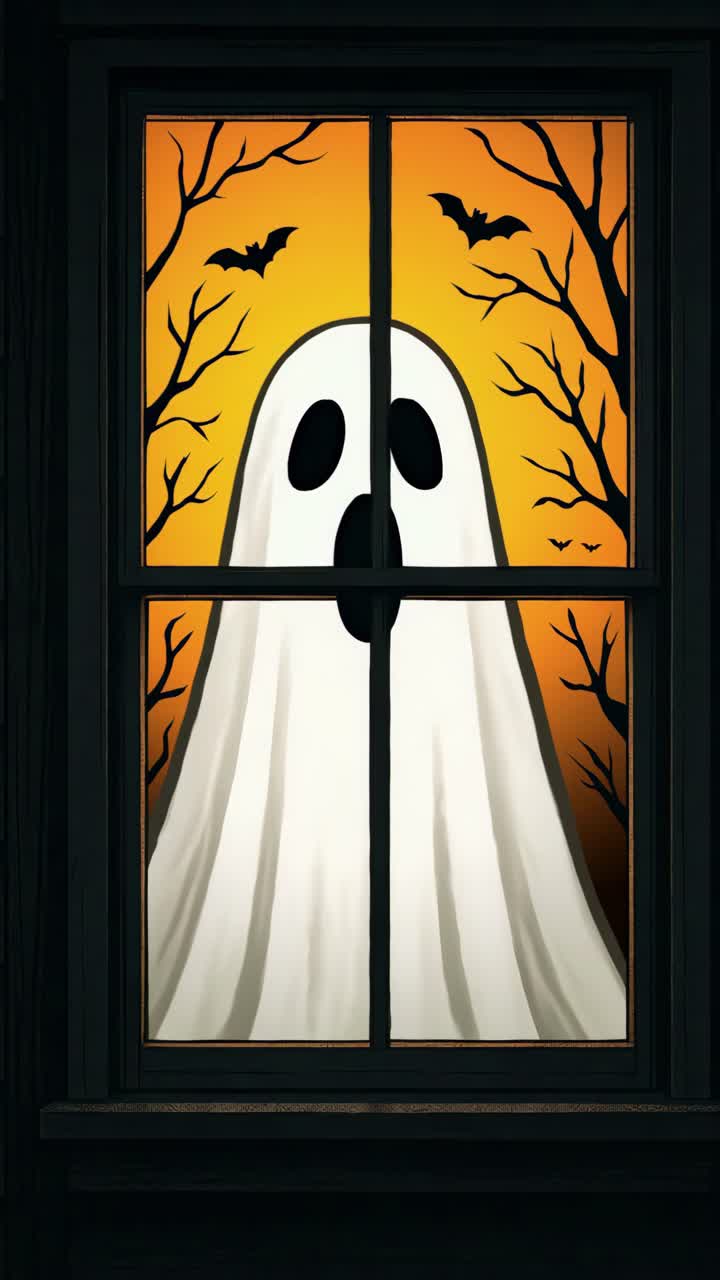 A spooky ghost with bats and leafless trees viewed through a window