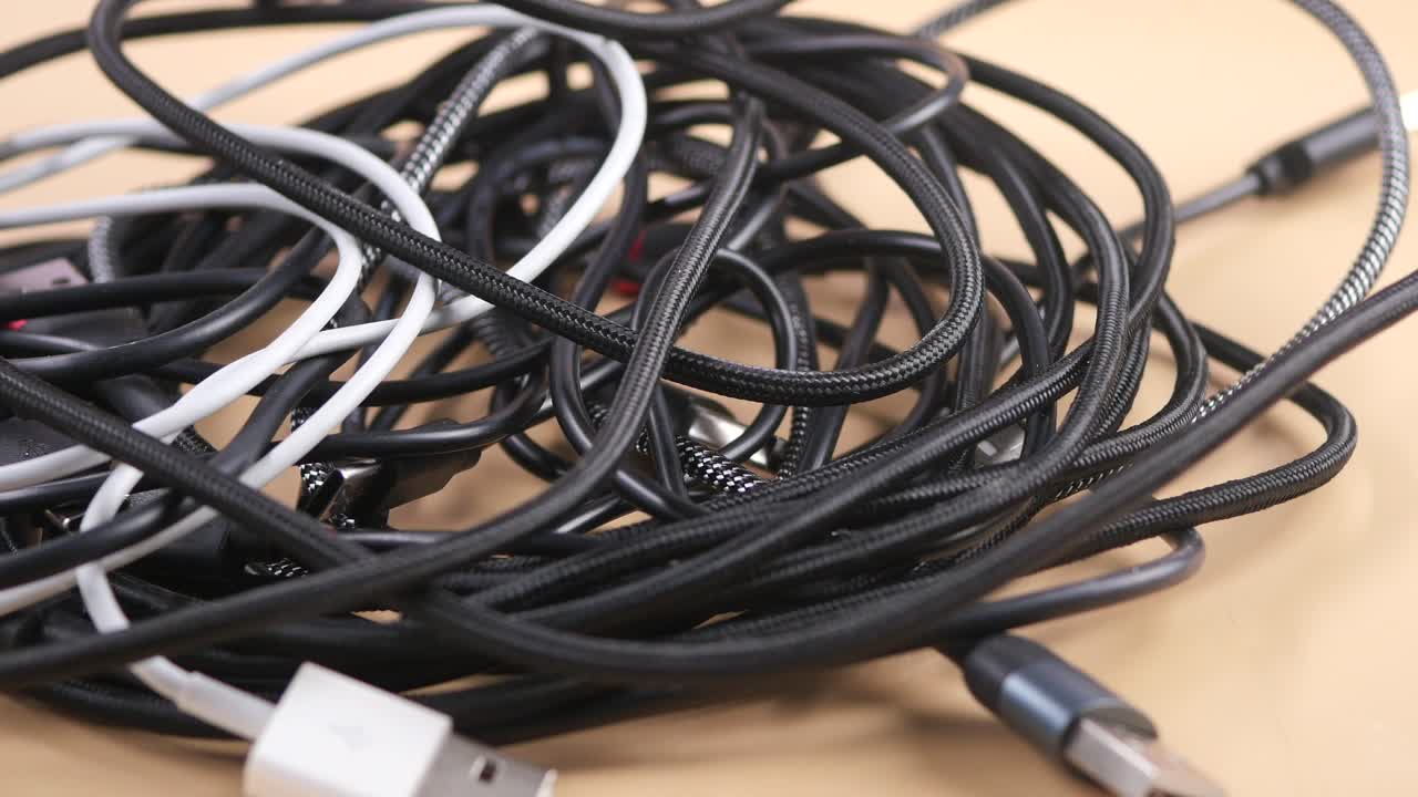 Close Up of Tangled Mess of Various USB Charging Cables