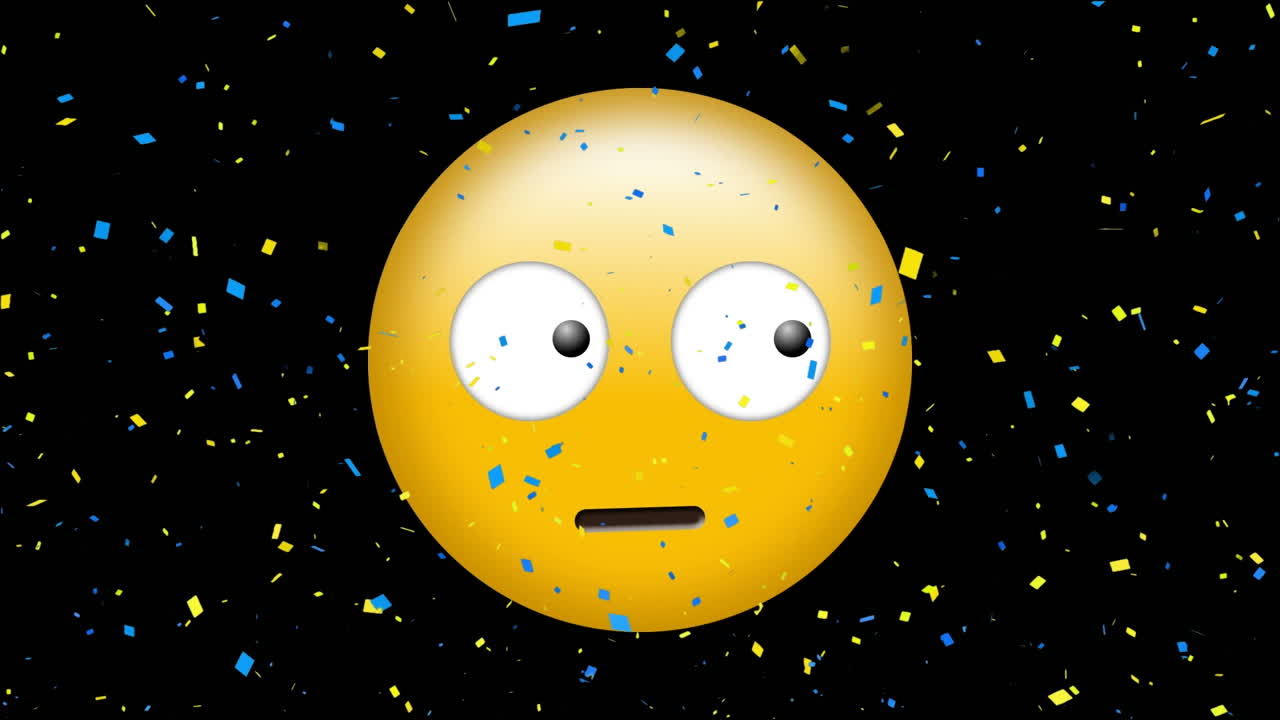 검은 배경 에 에모지 를 둘러보는 에모지 위 에 떨어지는 콘페티 의 애니메이션