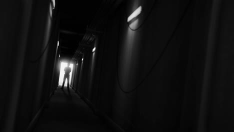 animation of man silhouette standing in dark corridor