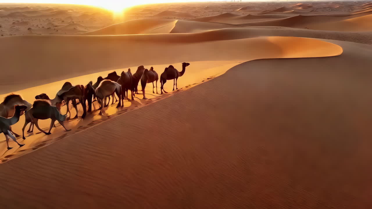 Camels Walking Through the Desert at Sunrise