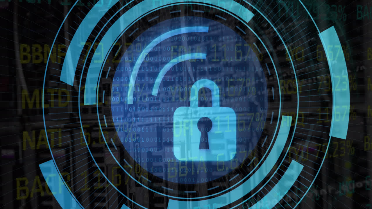 Animation of processing circle over metaverse city and blue lights on black background