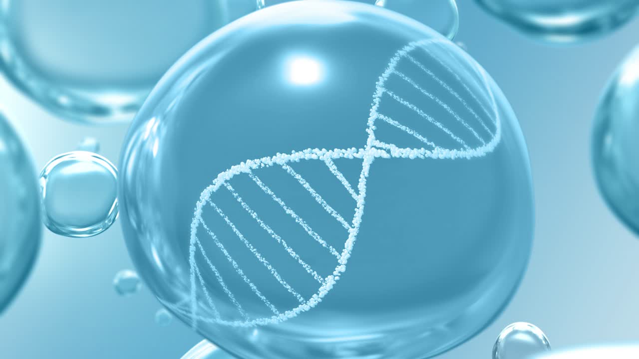 추상적인 미용 의료 제품 개념 백색 dna 나선과 파란색 투명한 물방울을 가진 루프 배경