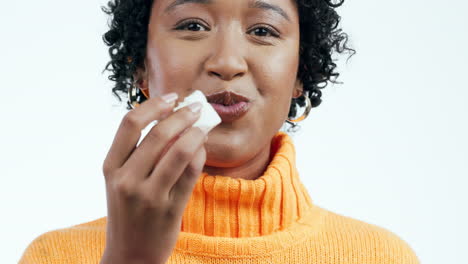 happy, woman and portrait of eating candy