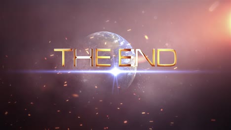 the end futuristic cinematic sci-fi outro stock video footage. 4k 3d rendering title showing the end golden text message with rotating world and explosive light flares smoke dust effect for trailer.