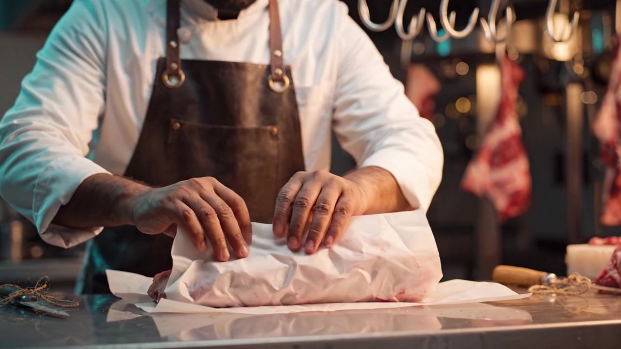 Chef che gestisce la preparazione di carne cruda in una cucina professionale con attenta attenzione ai dettagli per una presentazione culinaria di qualità e l'esaltazione del sapore