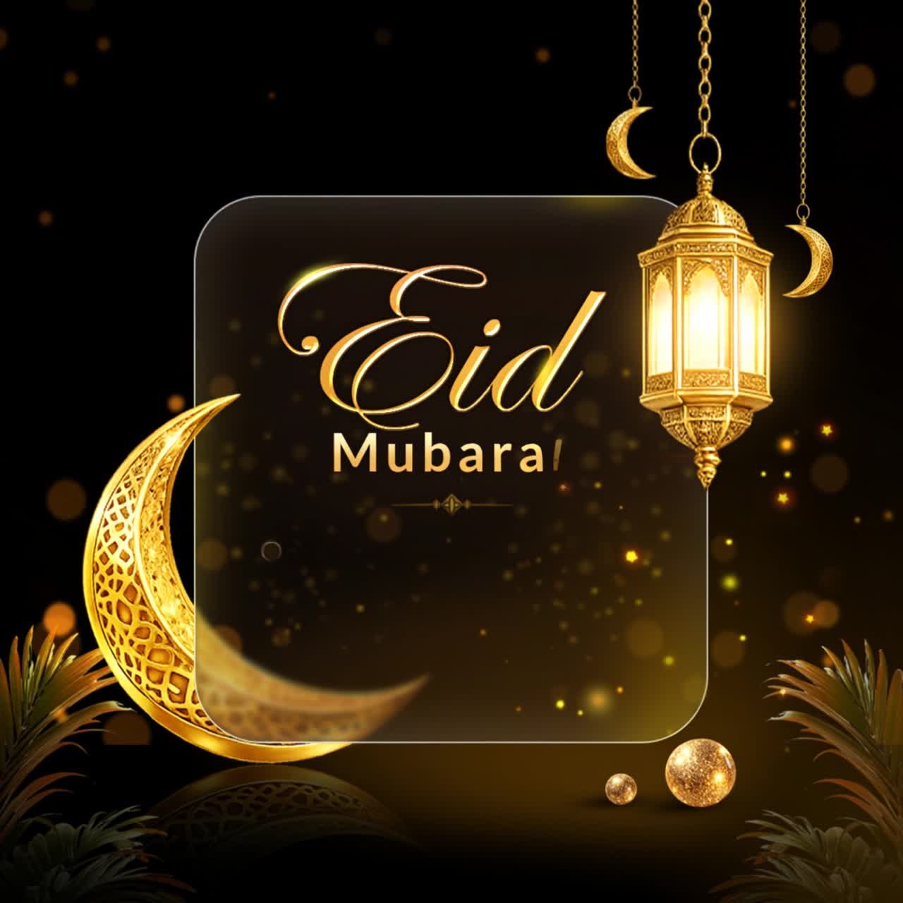 Design di animazione per auguri Eid Mubarak con lanterna a mezzaluna dorata, luci brillanti ed elegante sfondo di celebrazione islamica.