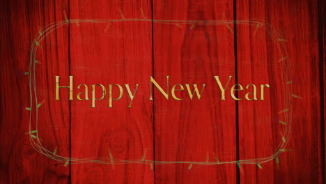 animation of happy new year text and fairy lights on wooden background