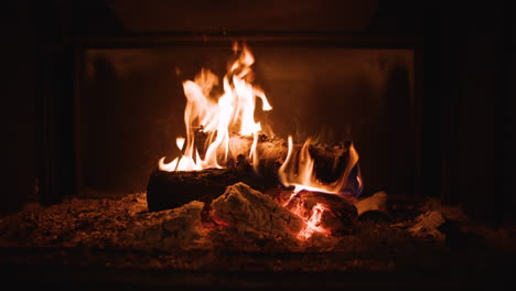 charred fire logs with glowing embers and hot dancing flames in campfire