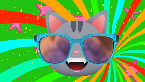 animation of happy cat with glasses and stars on colourful background