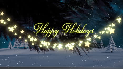animation of season's greetings with christmas fairy lights and snow falling over winter landscape