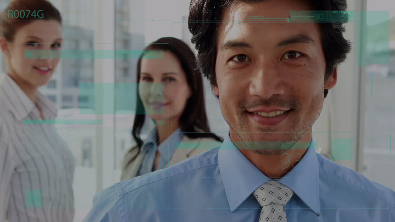 電話ヘッドセットを着用したビジネスマンに対する統計とデータ処理のアニメーション