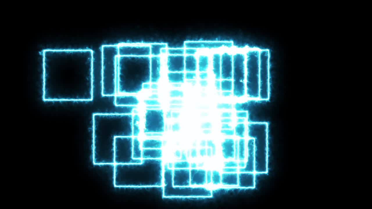 레이저 사각형은 날아가고 교차합니다. 90년대 스타일의 레이저 의 애니메이션. 파란 네온 광선. 수평 구성, 4k 비디오 품질.