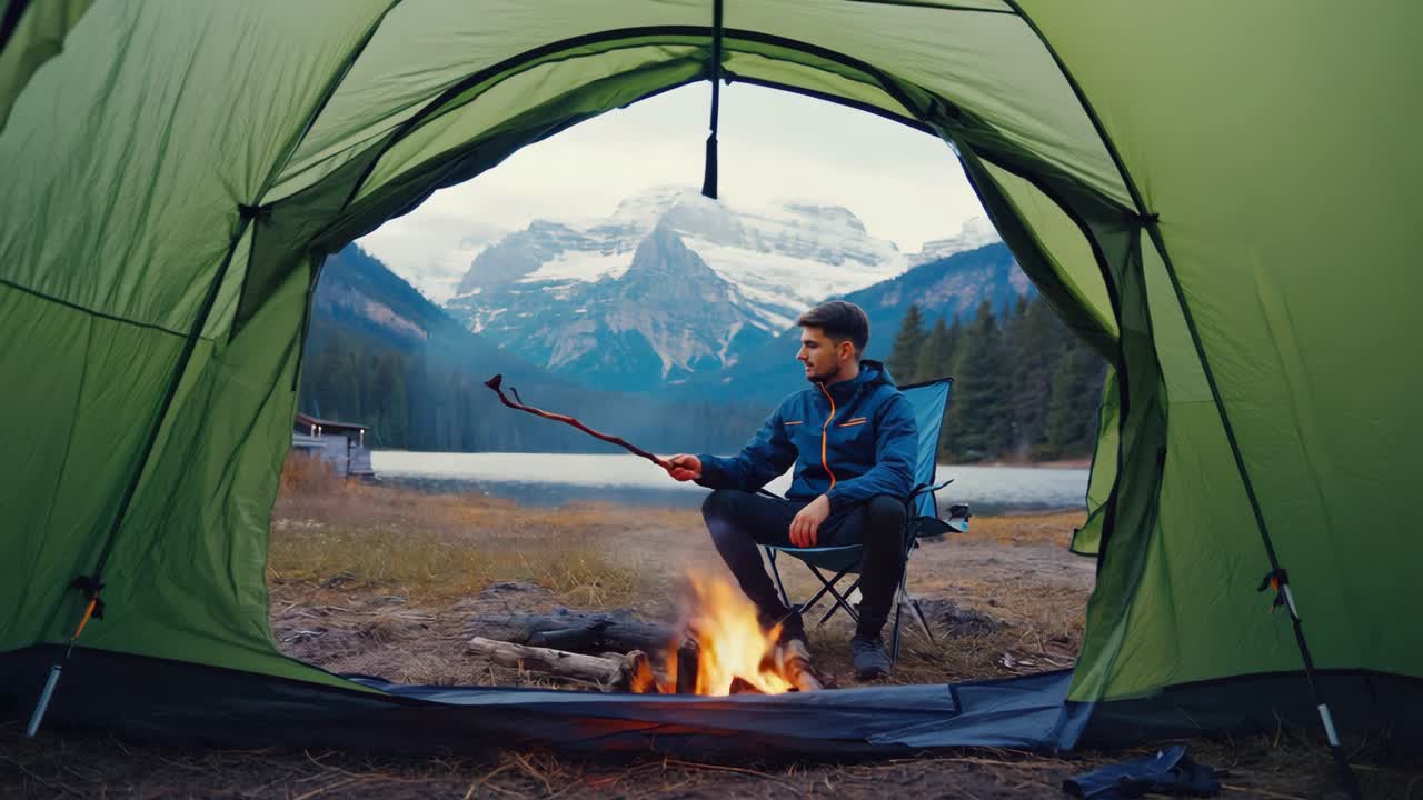 Man Camping by Lake with Mountain View