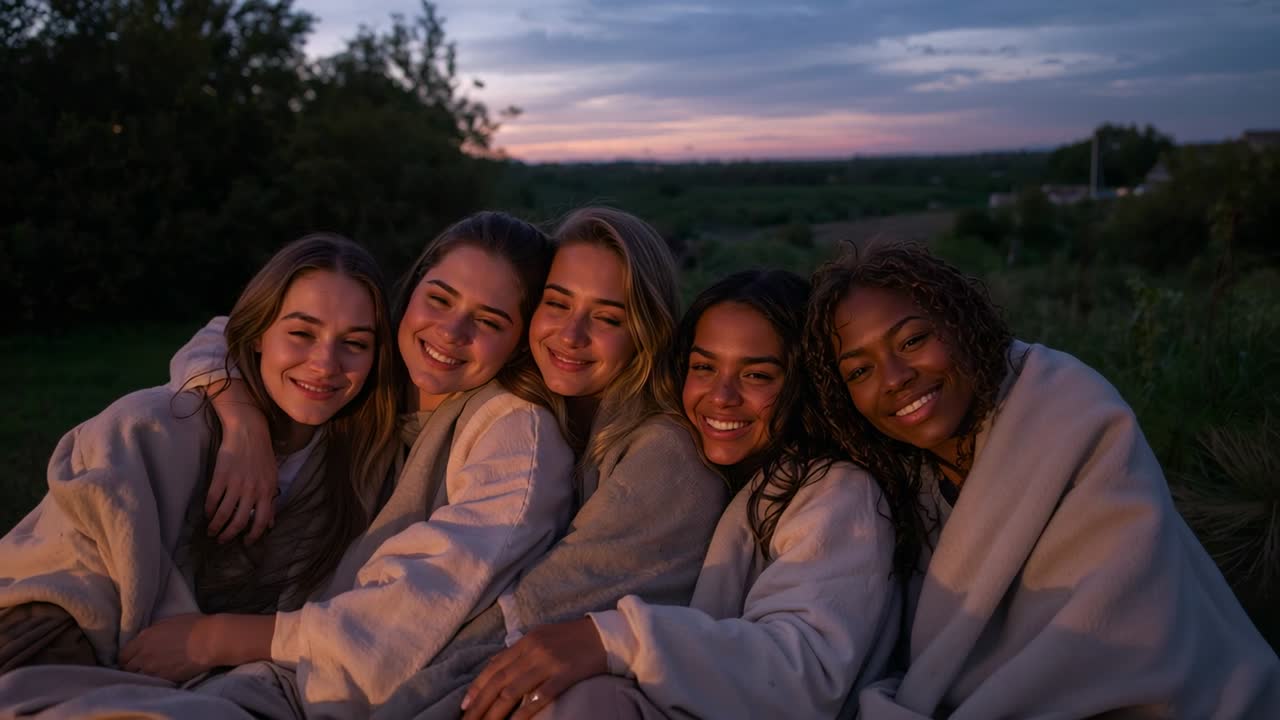 Amici stretti che si avvicinano in un campo mentre il tramonto svanisce, avvolti in una coperta di pile per scaldarsi