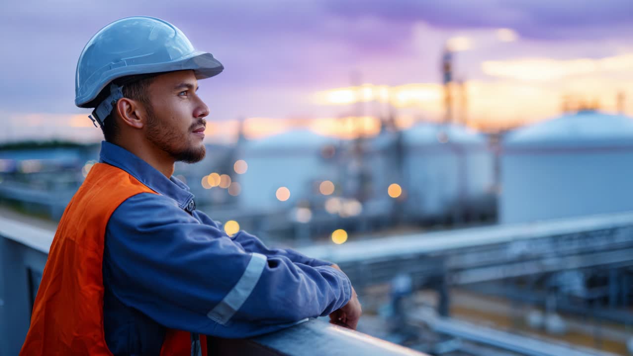 A thoughtful worker reflects on the horizon while overseeing an industrial facility during a beautiful sunset, showcasing the dedication and commitment of personnel in the energy sector, combining safety and management