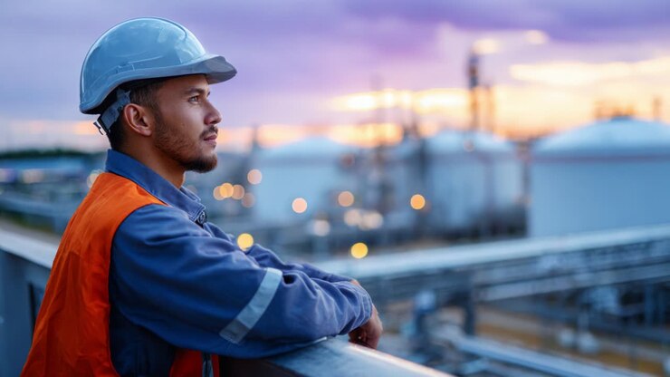 A thoughtful worker reflects on the horizon while overseeing an industrial facility during a beautiful sunset, showcasing the dedication and commitment of personnel in the energy sector, combining safety and management