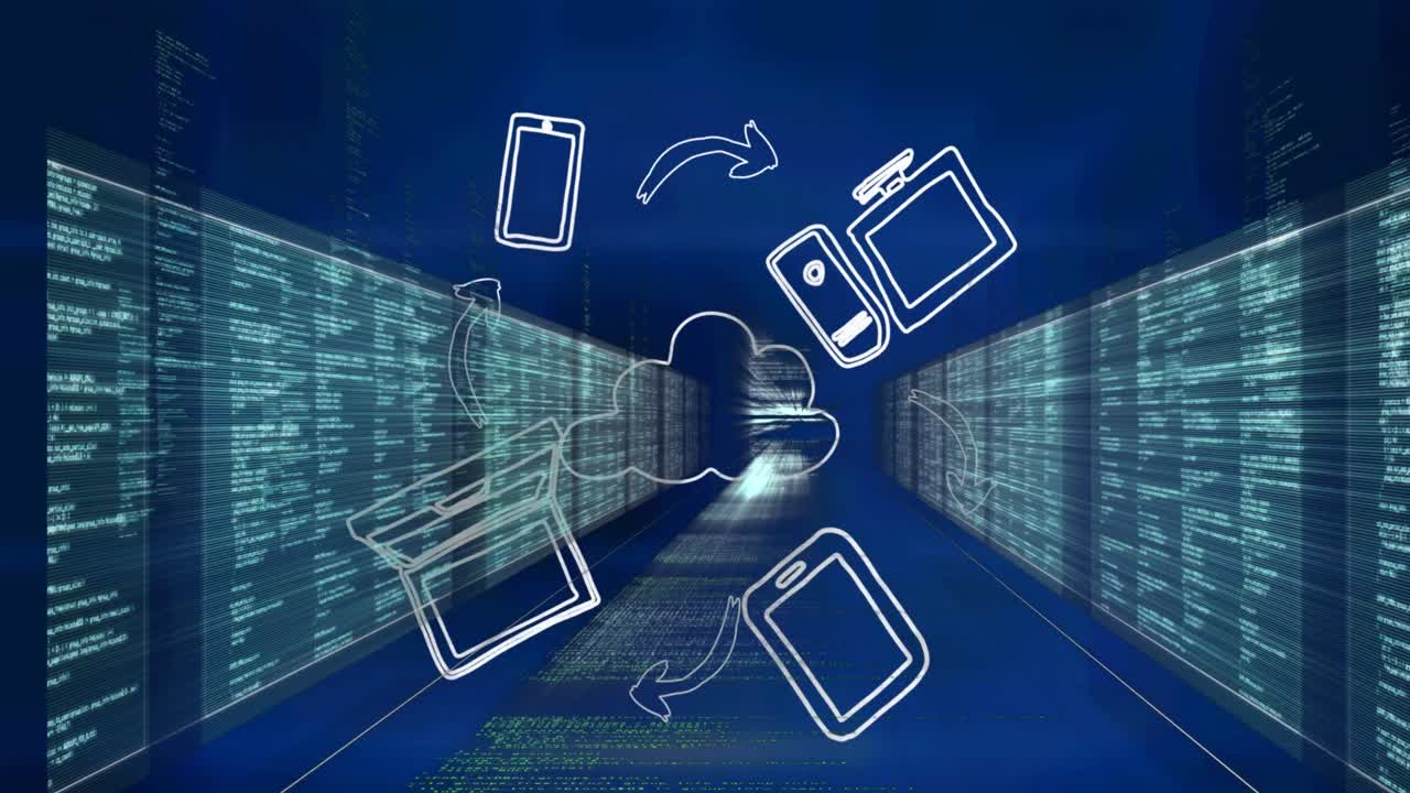 animaciones de flechas con iconos sobre el procesamiento de datos en fondo oscuro