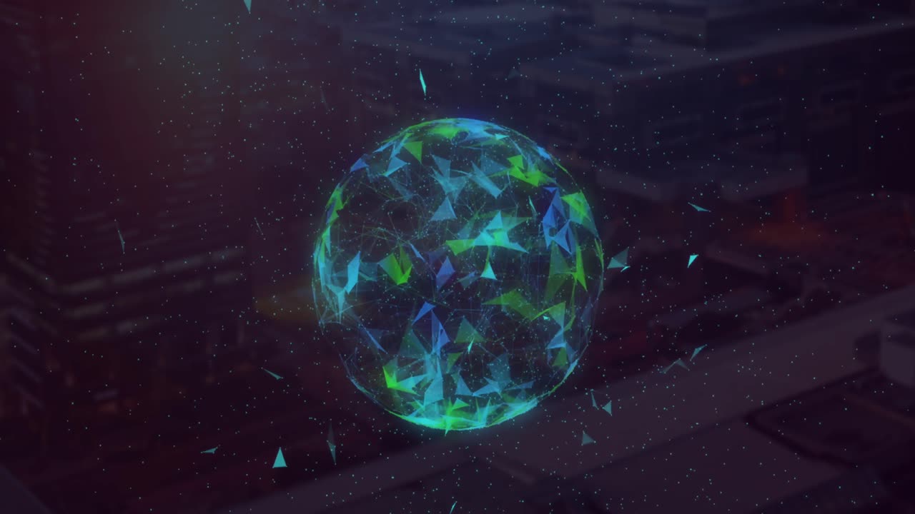 animación de partículas blancas sobre el globo de redes de plexo girando contra la vista aérea del paisaje urbano.