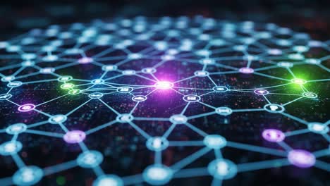 a detailed visualization of interconnected digital nodes highlighting a network, emphasizing connectivity and data flow in a technological framework