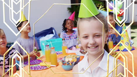 animation of gold shapes over diverse children with party hats at birthday party