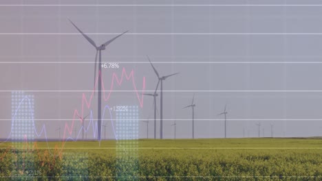Animation-of-statistical-data-processing-over-spinning-windmills-on-grassland