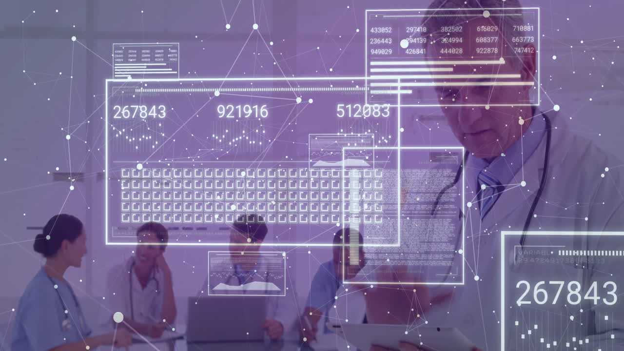 Discussing data, medical professionals using animation with digital interface in hospital