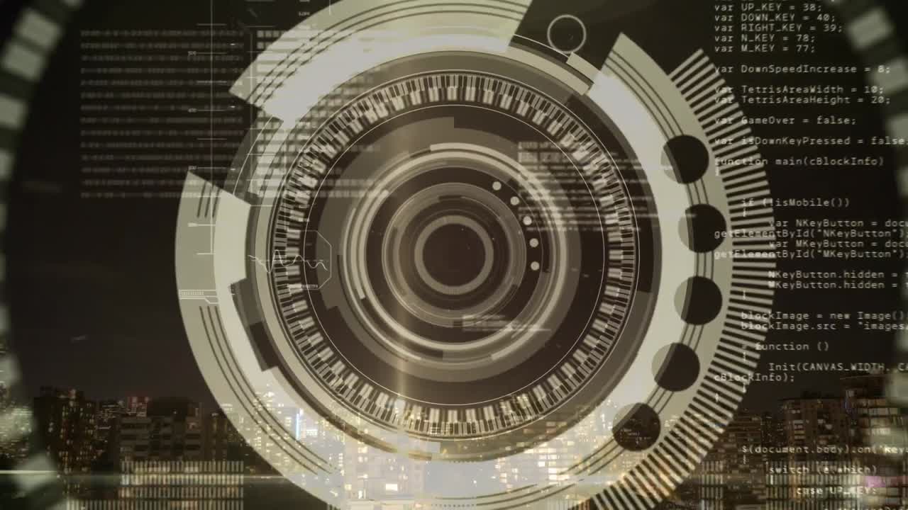 도시 풍경 배경에서 범위 스캐닝과 데이터 처리의 애니메이션