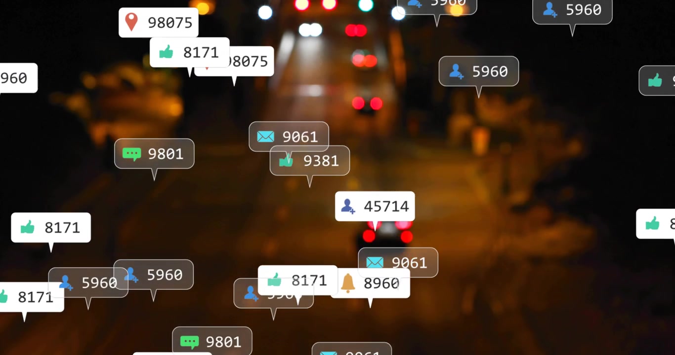 Compact car moving on night road, bubble popping and growing into social media icons showing buzz