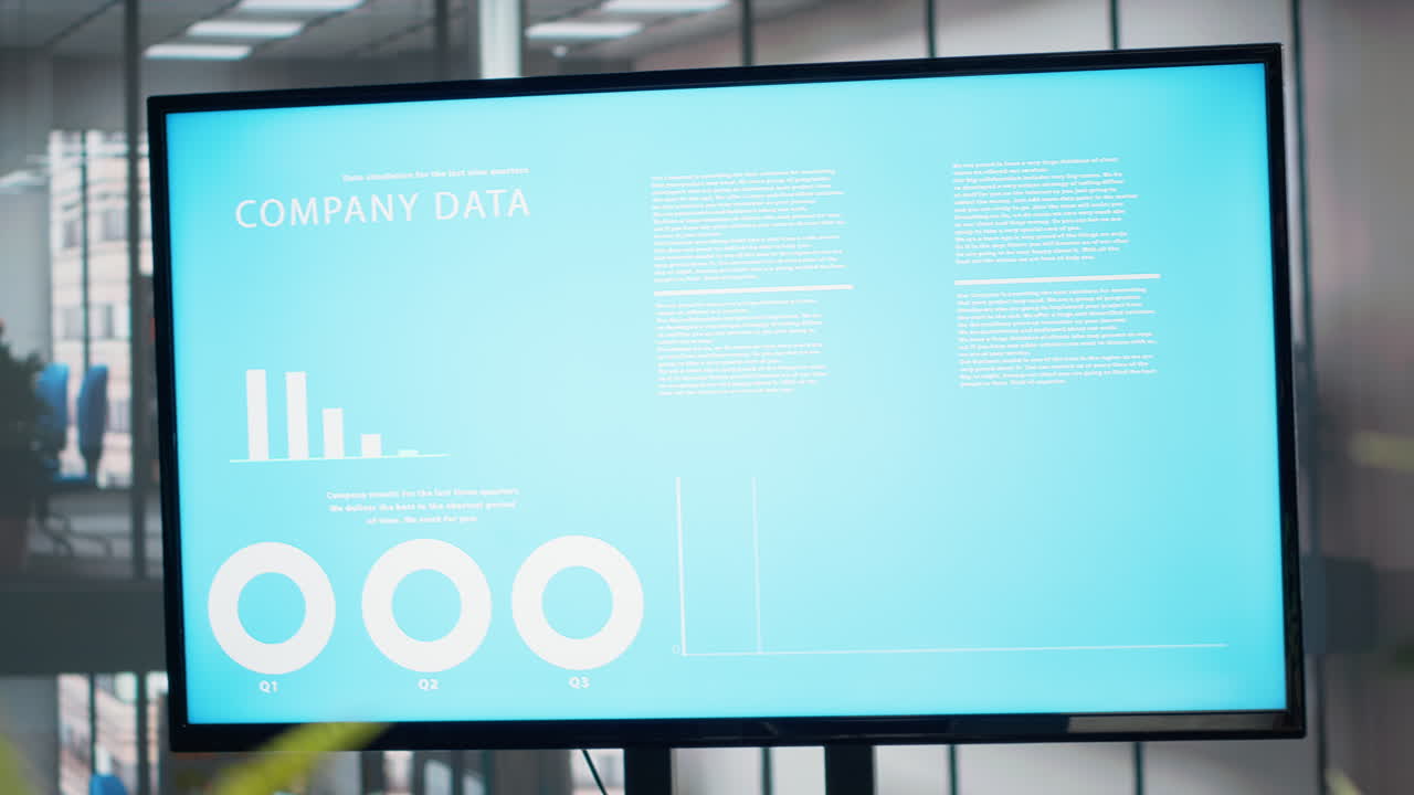 Company data shown on screen in empty executive office space
